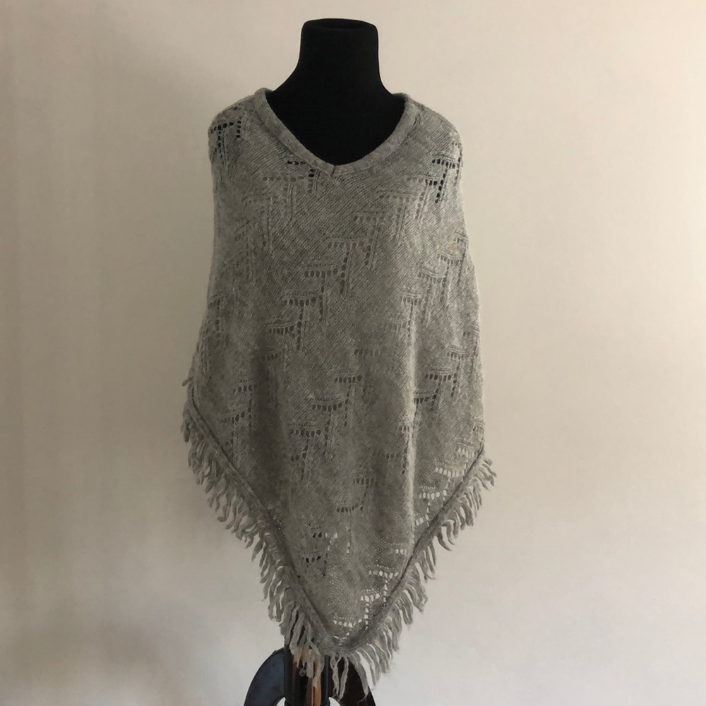 Gray Sweater Frayed Poncho